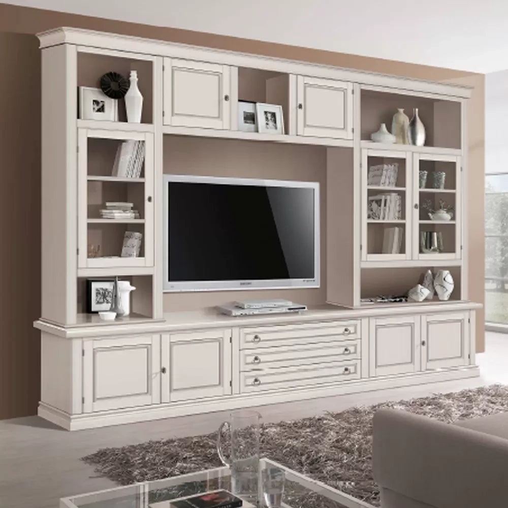 Parete attrezzata in legno shabby avorio anticato 286x50x227 - Mobili 2G