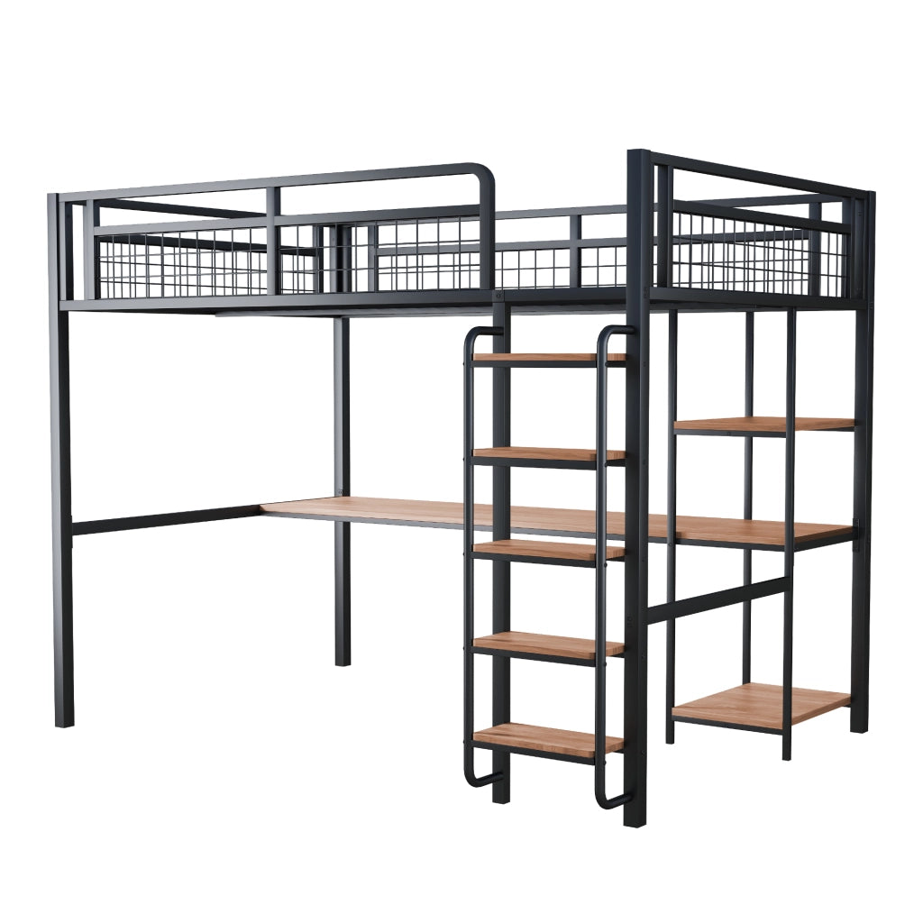 Letto a castello metallico nero con scala di sicurezza tavolo e scaffali 140x200 cm