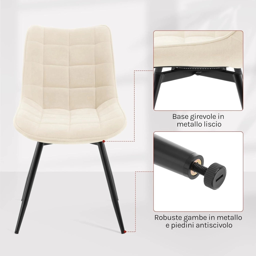 Sedie da Pranzo Girevole Set di 2, Sedie da Cucina, con Sedile Imbottito, Schienale Alto, Gambe in Metallo, Tessuto in Velluto, Beige EZS86be-2
