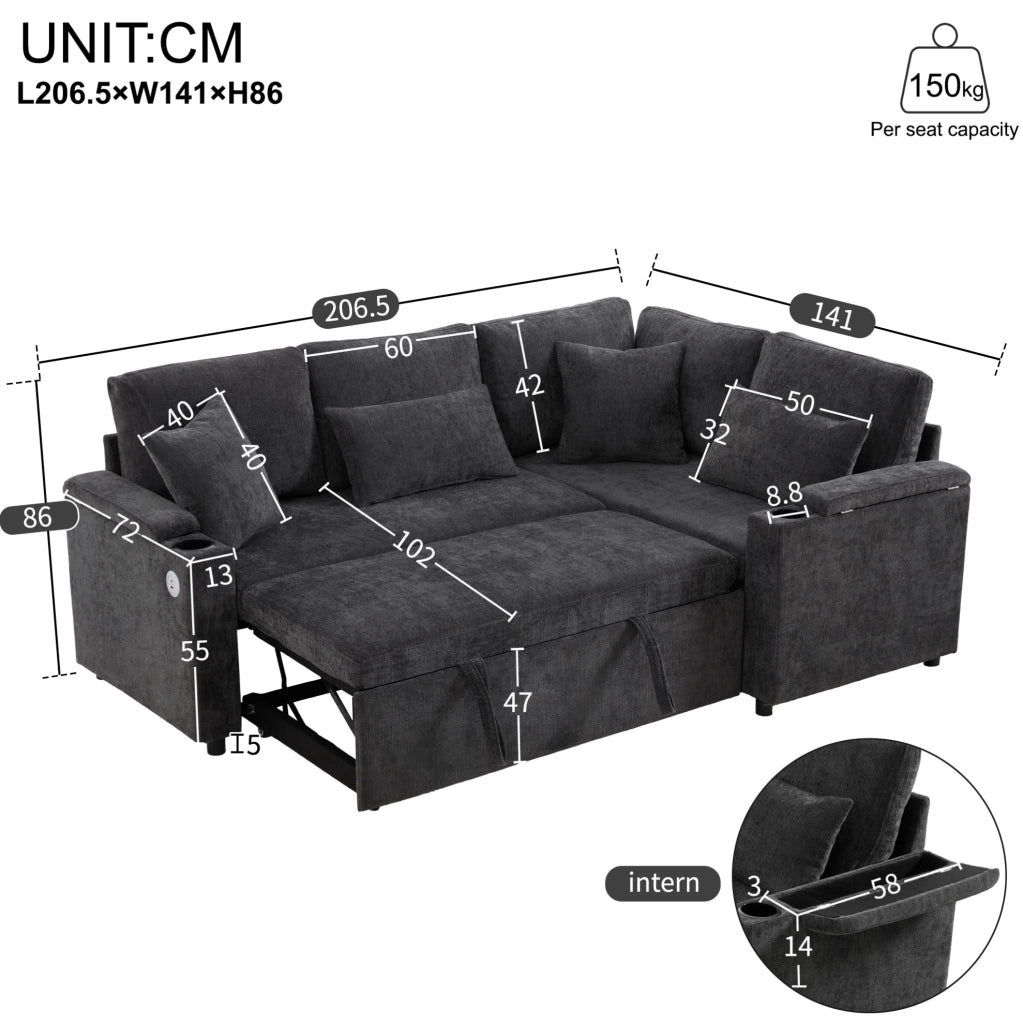 Divano letto angolare a destra con contenitore e USB 206;5x141x86 cm in ciniglia grigio scuro