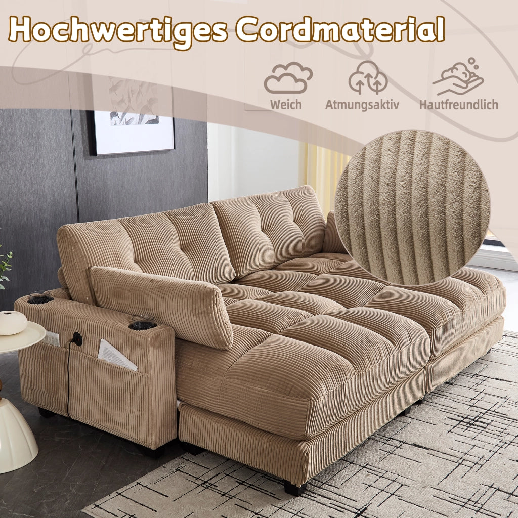 DIVANO Modulare 2 posti 224x140x81 cm tessuto corduroy kaki con 2 cuscini