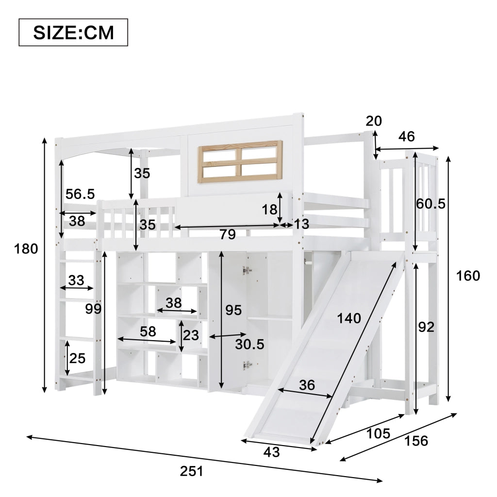 OKWISH Letto a Castello 90×200 cm, Letto Singolo con Armadio, Mensole, Scala a 4 Gradini e Scivolo, con Contenitore, senza Materasso