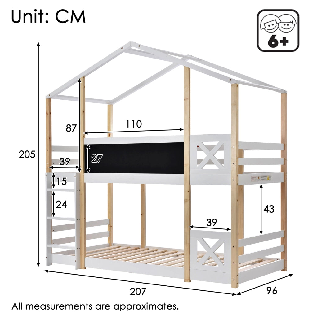 Letto a soppalco per bambini 90x200 cm con scala; lavagna e rete a doghe; bianco