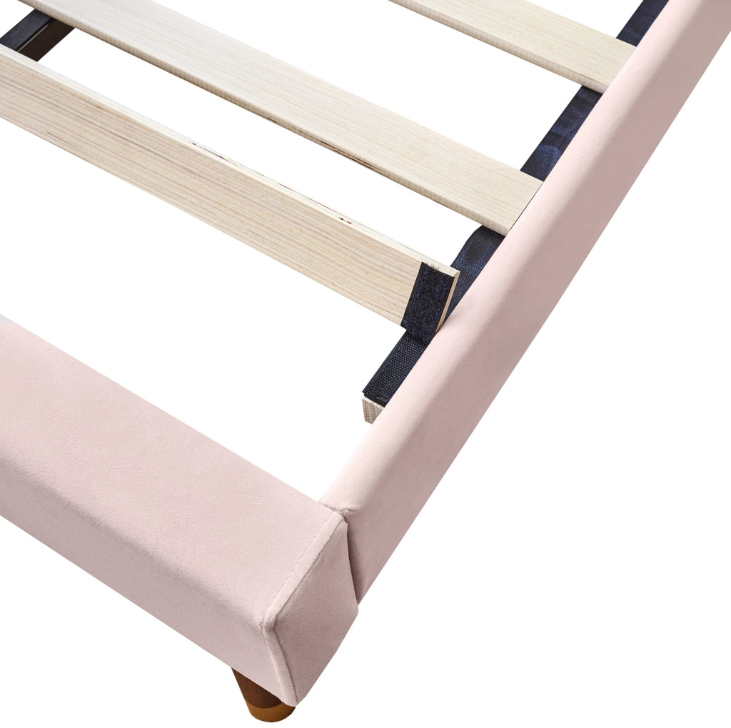 Letto imbottito singolo 90x200 cm in velluto rosa con rete a doghe e testiera