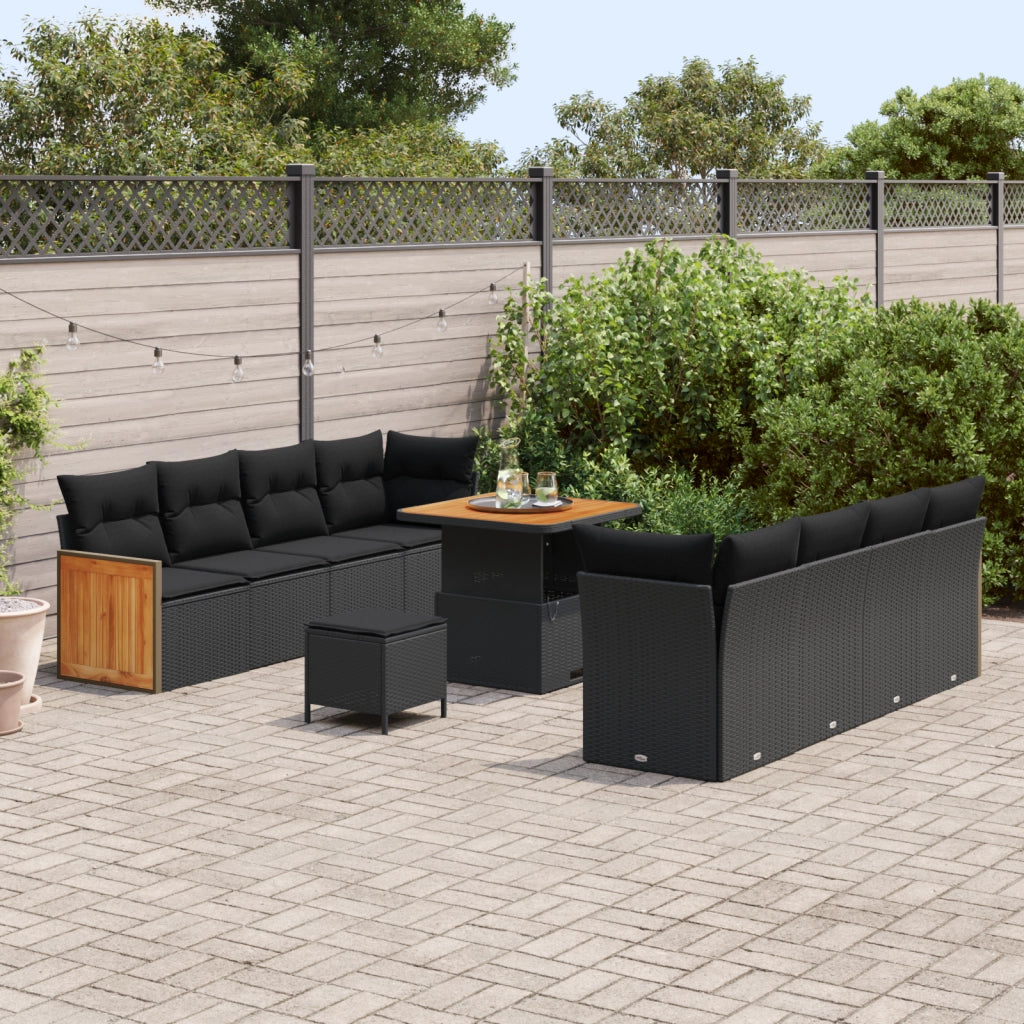 Set divani giardino 11 pezzi  con cuscini Nero Polirattan Acacia
