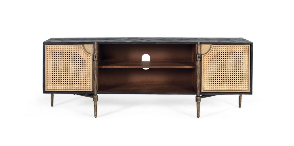 Mobile TV in legno di mango con ante in canna e gambe in bronzo