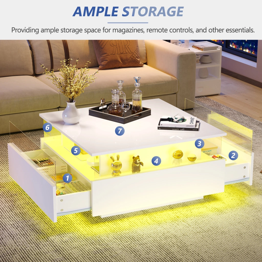Tavolino da caffè con 2 cassetti; LED e vano trasparente - per soggiorno - in truciolare - 70x70x41 cm - bianco