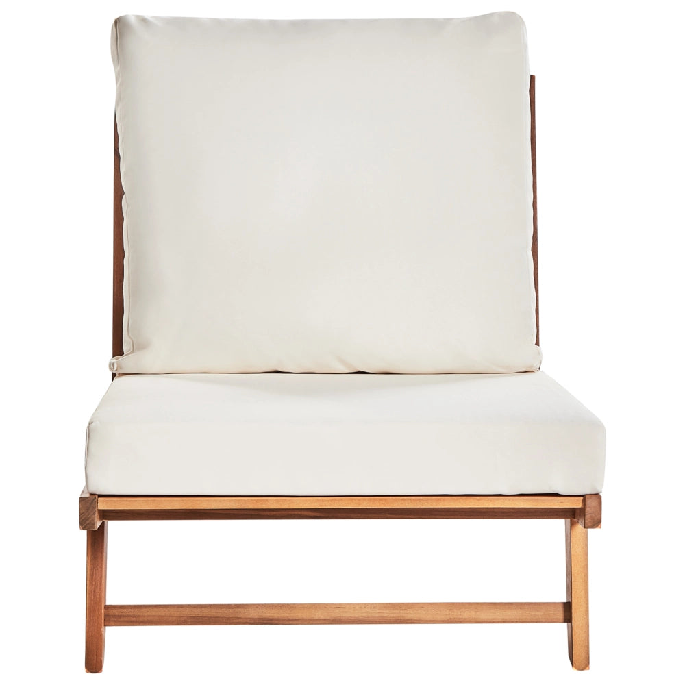 Poltroncina Light in legno di acacia colore bianco sporco con schienale e cuscini per la seduta Design perfetto per interni ed esterni, che unisce stile moderno e rustico.