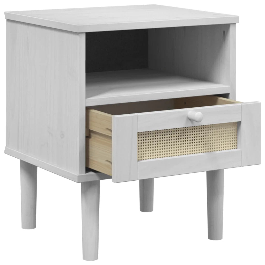 Comodino | Armadio da Notte | Mobiletto da notte SENJA Bianco Aspetto Rattan 40x35x48 cm in Legno Pino