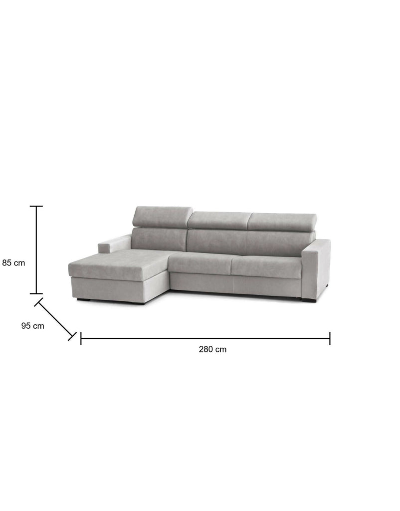 Divano Letto Alibabah, Divano ad angolo, Made in Italy, SofÒ  con apertura girevole, con Penisola contenitore Sinistra, con Braccioli standard, cm 280x95h85, Grigio