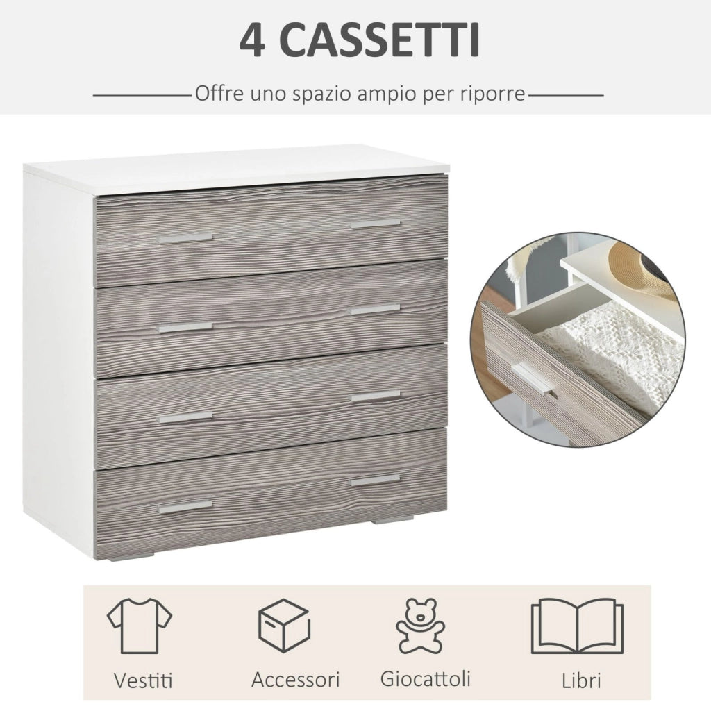 EasyComfort Cassettiera Camera da Letto, Comò Camera da Letto con 4 Cassetti con Maniglie in Alluminio e Struttura in Legno, per Soggiorno e Sala da Pranzo, 76x35x72cm, Bianco e Grigio