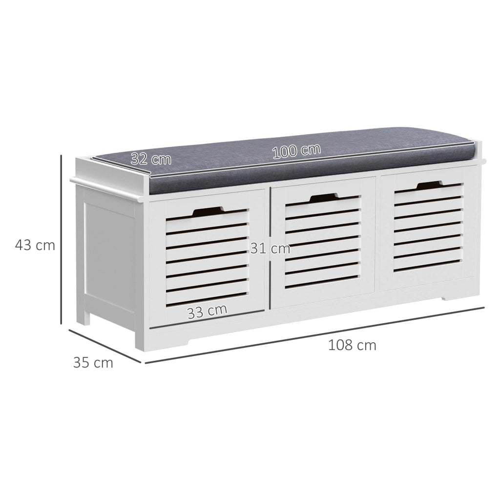 Panca Scarpiera con 3 Cassetti e Cuscino ¨C Zephmum ¨C Bianco 108x35x43 cm