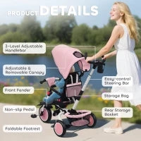 Triciclo per Bambini, 6 in 1 Passeggino per Bambini, con Maniglia da Spingere, Sedile Regolabile, Design Pieghevole, Rete di Sicurezza