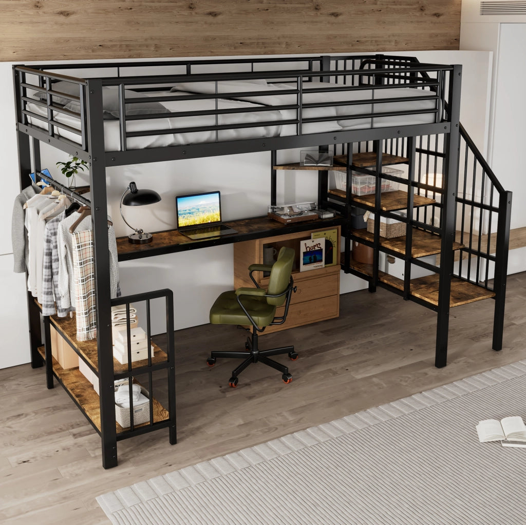 Letto a soppalco 120x200 cm con scala laterale; porta di ricarica e appendiabiti in metallo e MDF nero e noce scuro