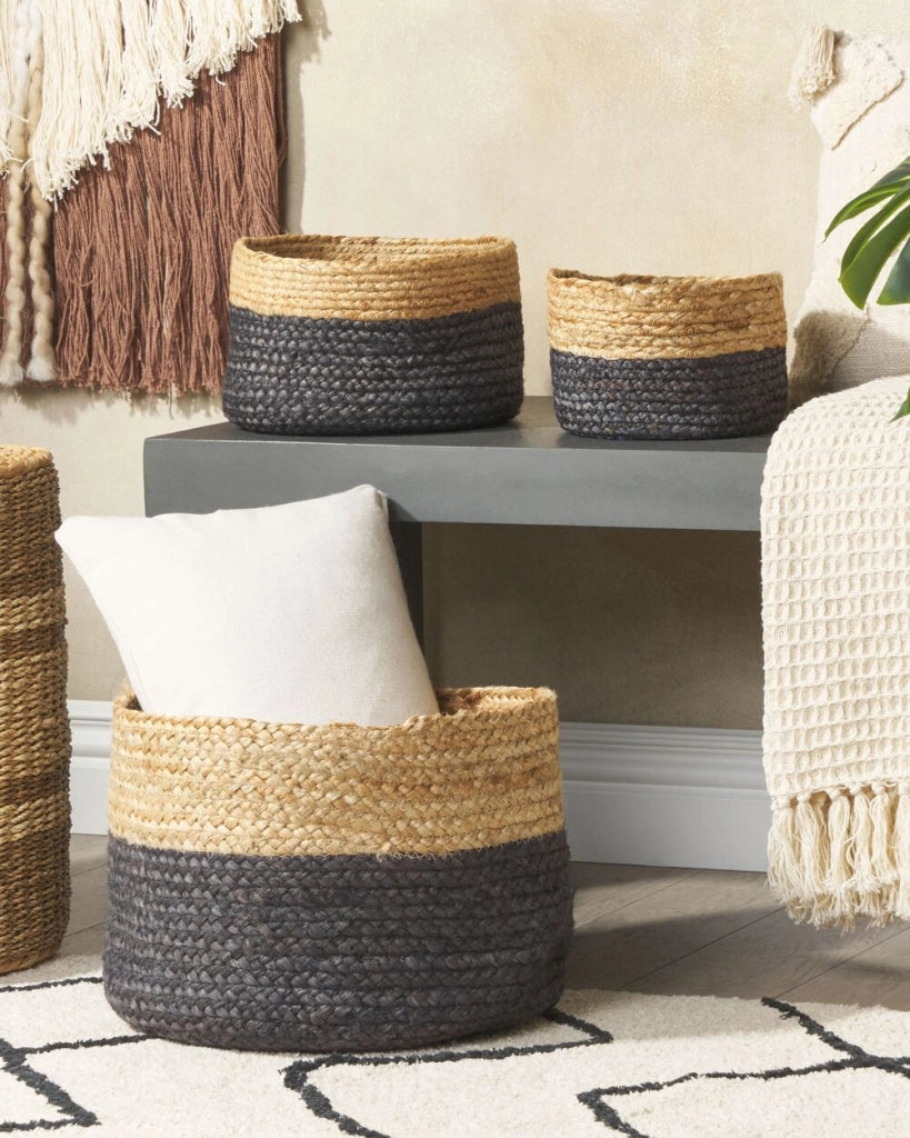Set di 3 cestini in tessuto di iuta naturale altezza 13/15/25 cm per riporre oggetti in stile rustico Boho