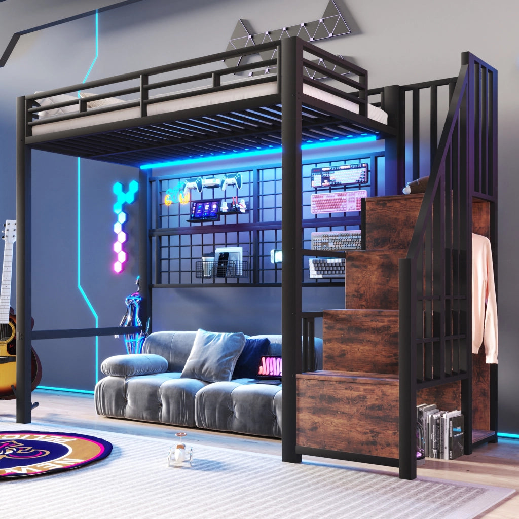 LETTO ALTO 90 x 200 cm con armadio, scala contenitore, LED, nero
