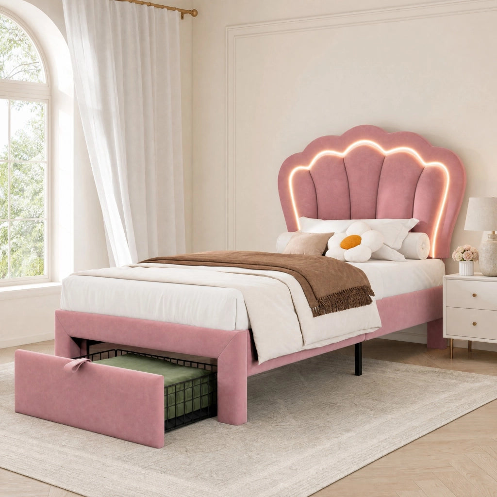 Letto singolo imbottito 90x190 cm in velluto rosa con testiera regolabile, LED RGB, cassetto estraibile e rete a doghe