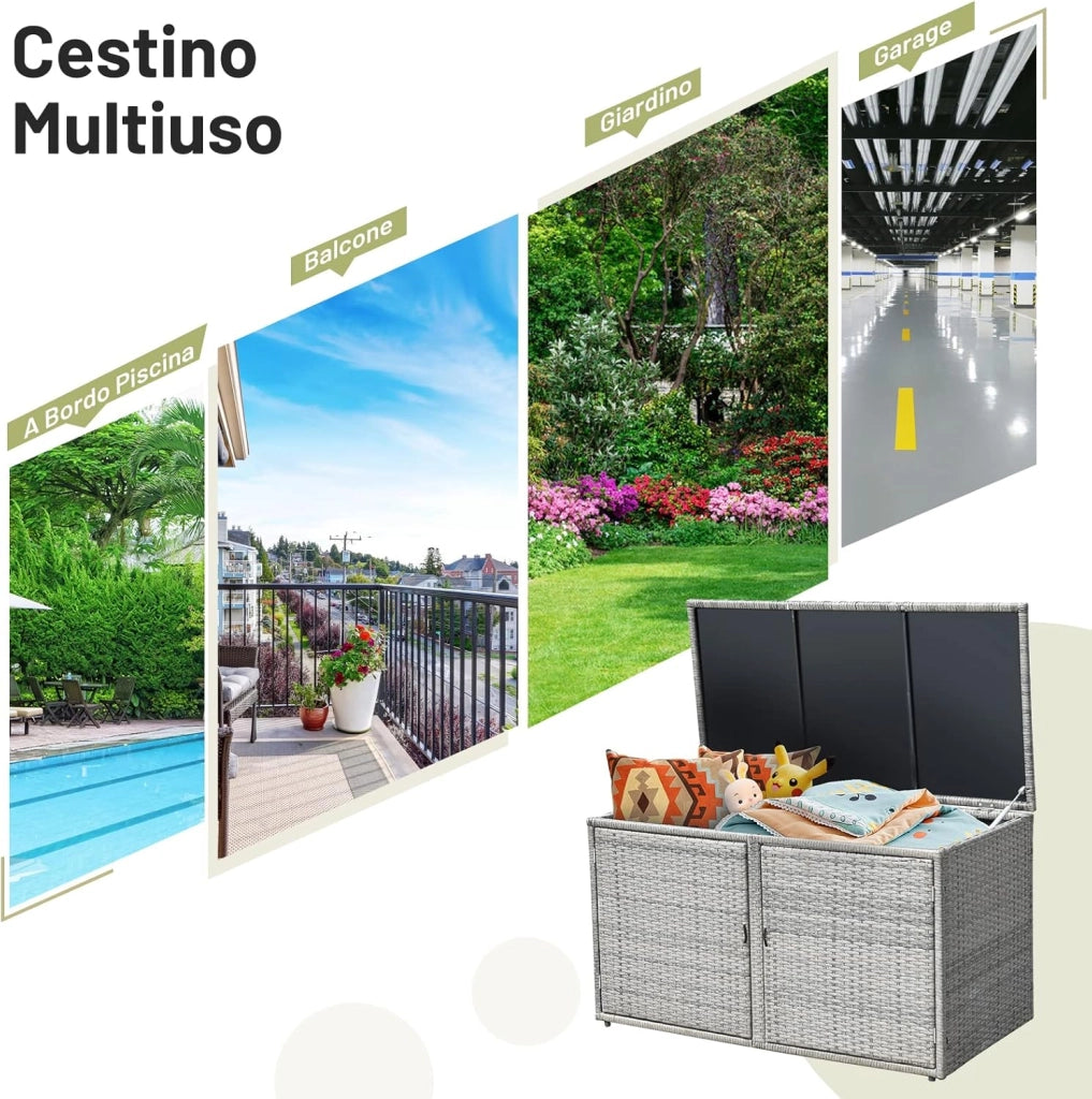 Baule Contenitore da 335L, con Coperchio e 2 Ripiani, Contenitore da Giardino con Telaio in Acciaio, Box per Conservazione di Attrezzi Giocattoli Accessori (Grigio)