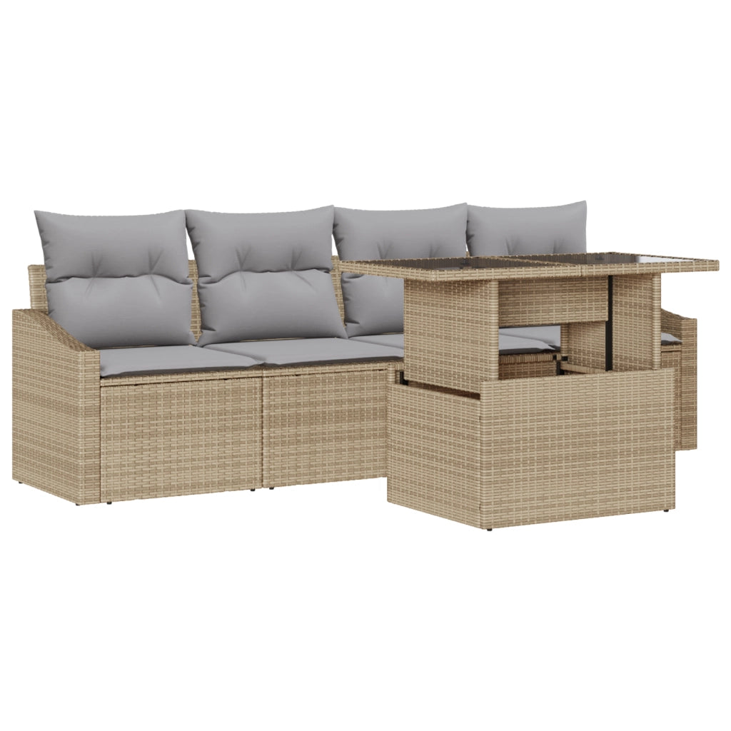 Set Divano da Giardino 5 Pezzi con Cuscini Beige in Rattan