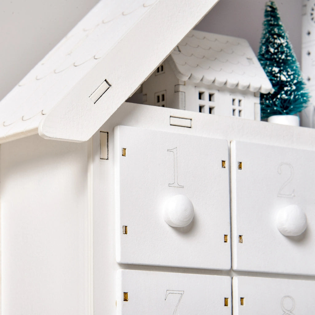 Calendario dell'Avvento in Legno con 24 Cassetti e Luci LED ¨C zephmum ¨C Bianco 39x9x42 cm