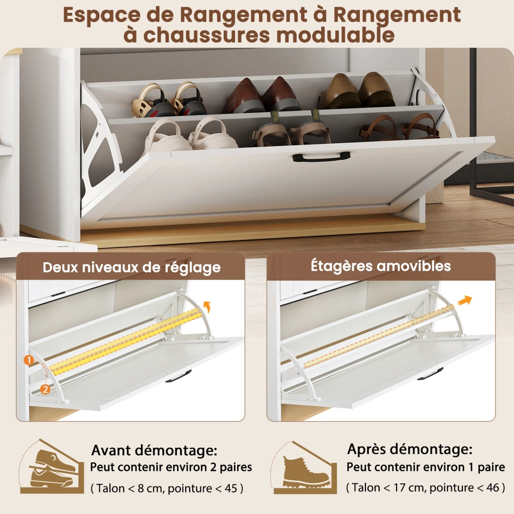 Mobili da ingresso modulari con scarpiera ribaltabile; specchio e doppia barra appendiabiti; per ingresso; 156 × 36 × 176 cm