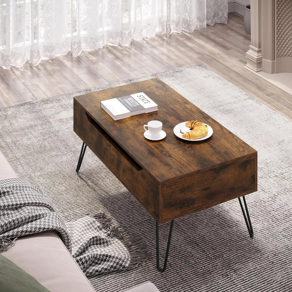 WOLTU Tavolino da Salotto, Tavolino da Caffè Sollevabile, con Scomparto Nascosto, Stile Industriale, 95x50x(40-55,5) cm, Marrone Rustico + Nero