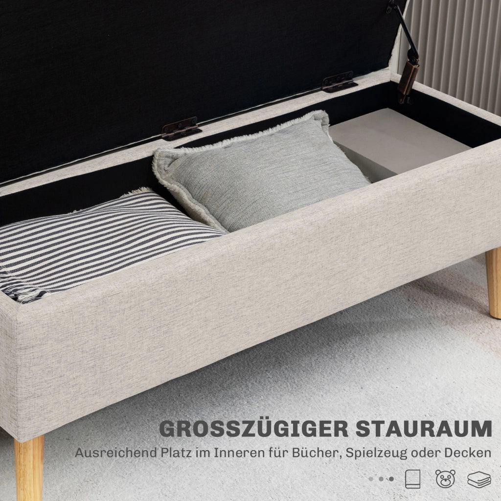 Panca contenitore imbottita scandinava con seduta ribaltabile e vano portaoggetti, in tessuto effetto lino beige