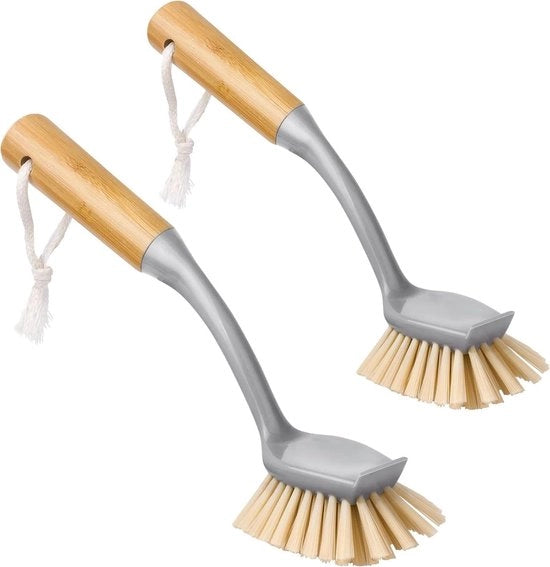 Set di spazzole per pentole e vasche da bagno in bambù con schiumastra integrata e lunghe setole per pulizia di pannelli, pentole e vasche da bagno - Confezione da 2 pezzi