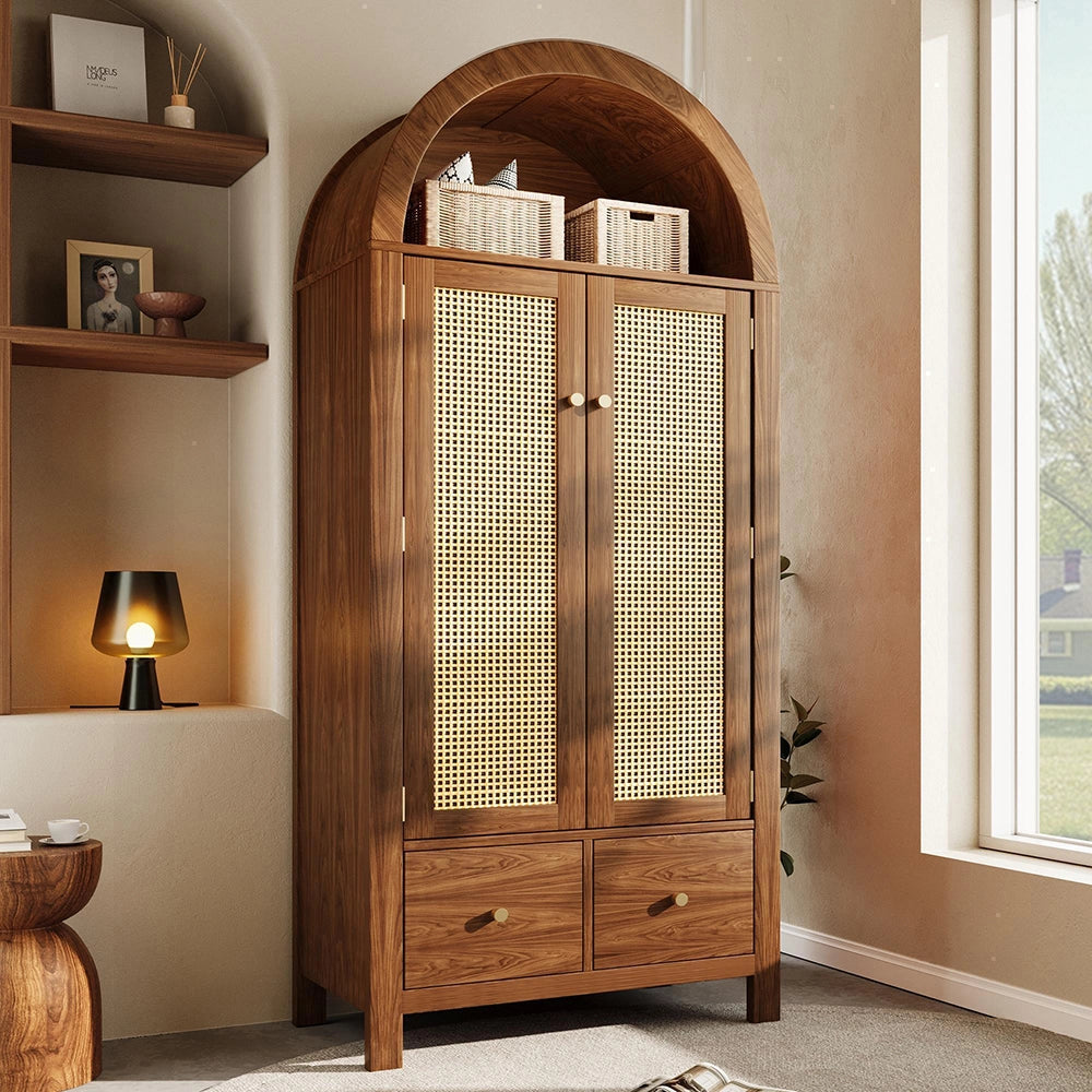 Armadio per soggiorno - Xylo - 181x78x45 cm - Aspetto noce - Tressatura in rattan, 2 ante magnetiche, 2 cassetti