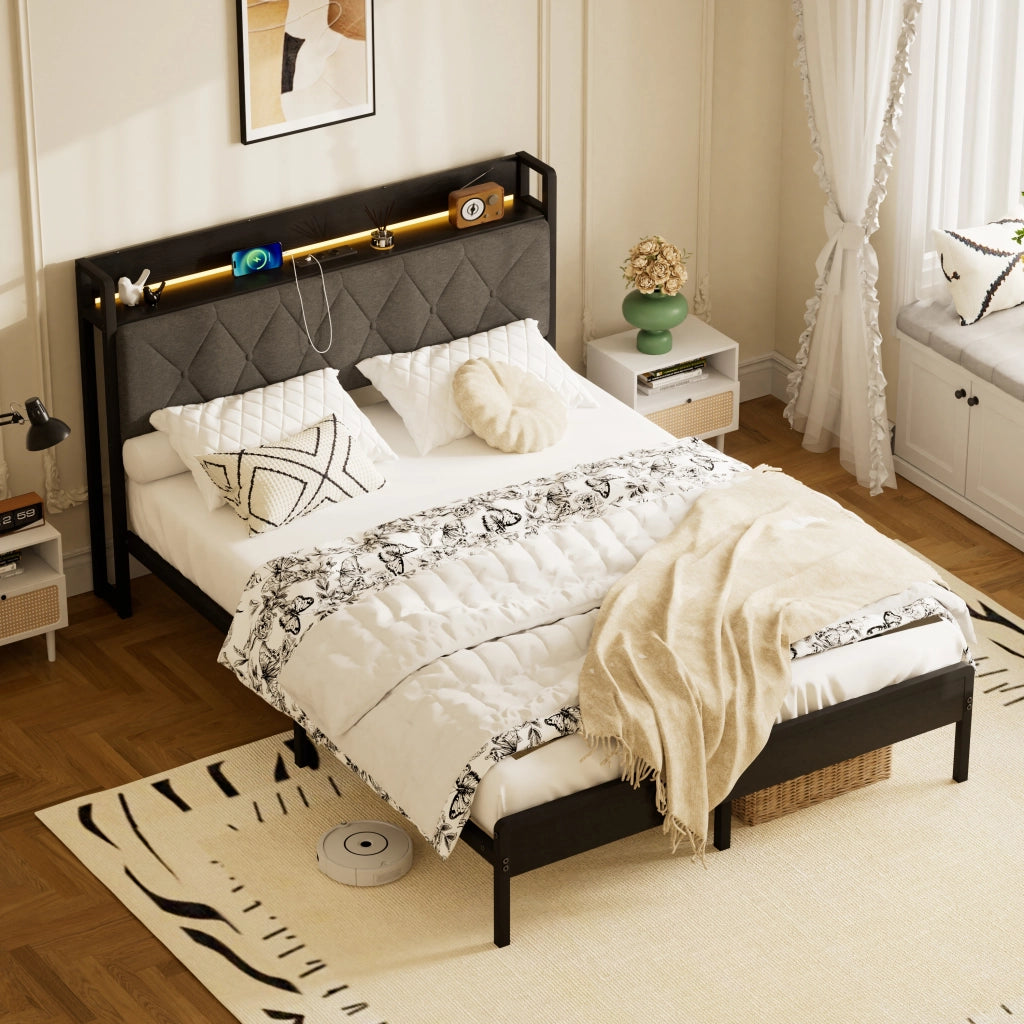 Letto imbottito 140x190 grigio scuro con 2 prese 2 USB testiera e vano contenitore