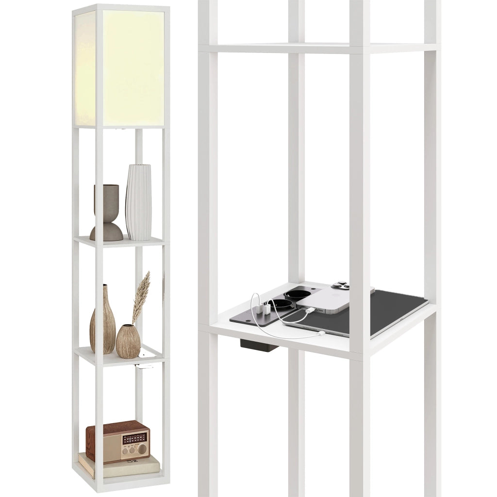 Lampada da Terra con Ripiani ¨C Xylo ¨C Luce Regolabile, USB, Interruttore a Pedale, Bianco