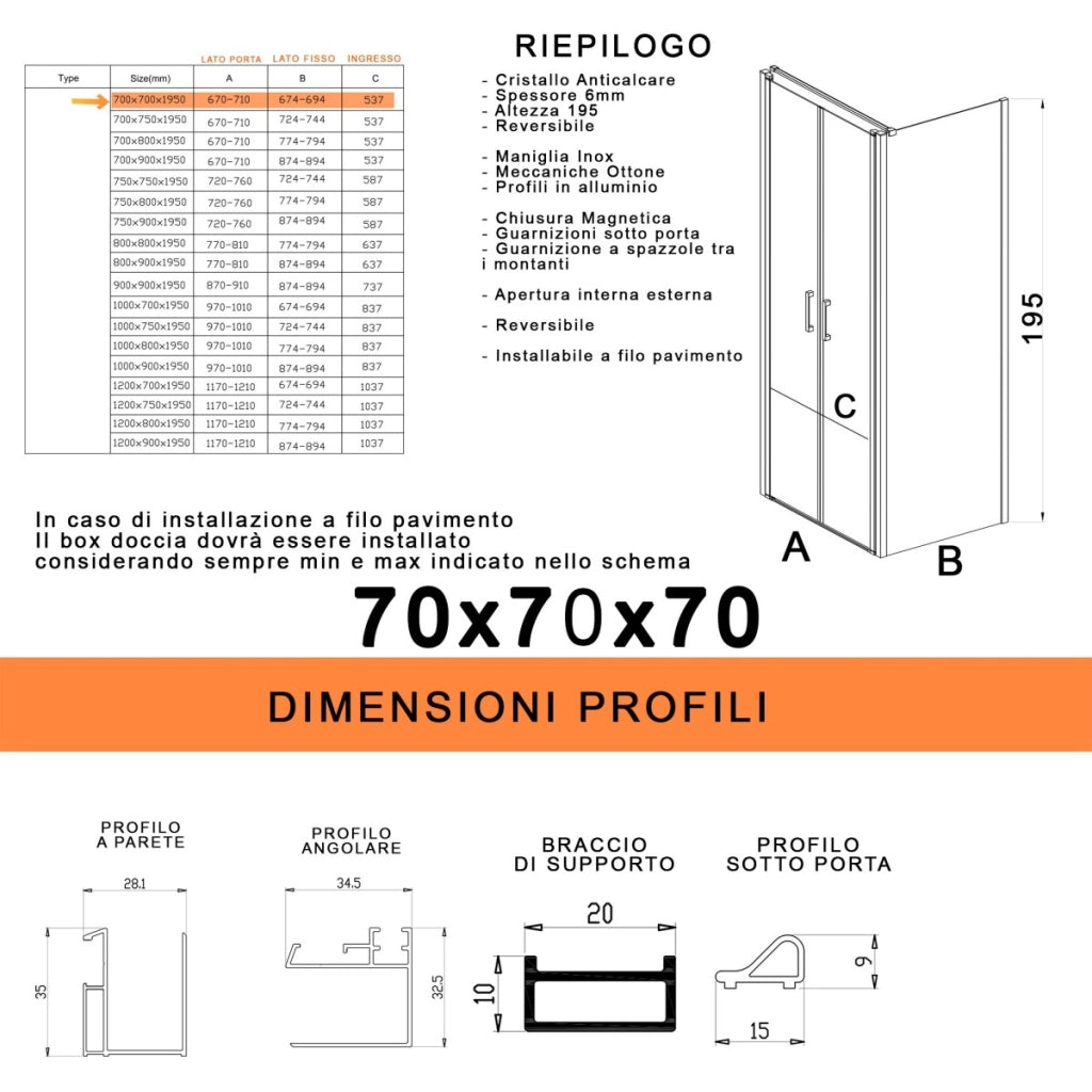 Box doccia saloon tre lati senza profili trasparente 6mm h195 dobla, misura 70x70x70