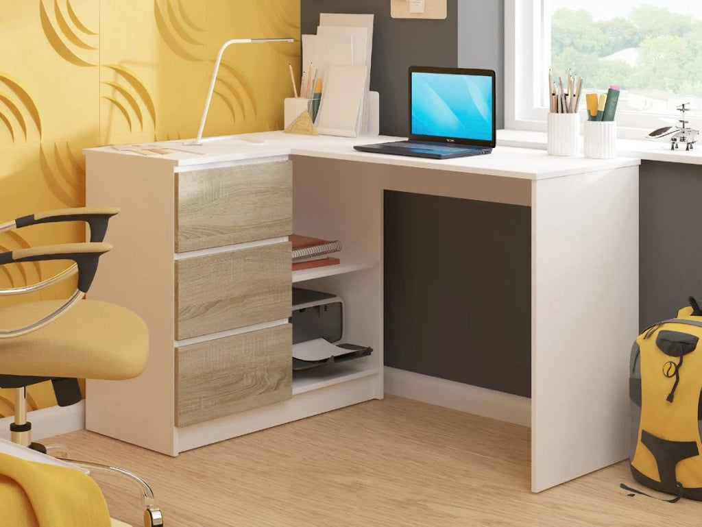 Scrivania angolare AKORD B16 Bianco 124 cm 3 cassetti inserto frontale Sonoma Quercia 124x85x77 cm Modello a sinistra