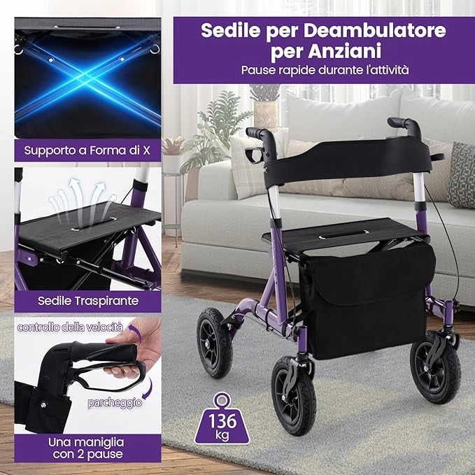 Deambulatore con Seduta 2 in 1, Rollator Pieghevole per Anziani con 4 Ruote, Maniglie Regolabili in Altezza 81-94cm, Portaombrelloni e Borsa Portaoggetti, Carico Massimo 160 kg (Viola)