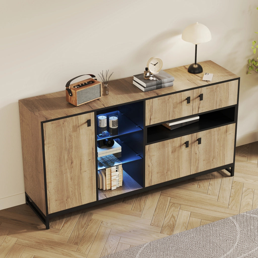 Credenza con 2 ante; ripiano regolabile e illuminazione LED - per soggiorno - 160×40×84.5 cm - naturale