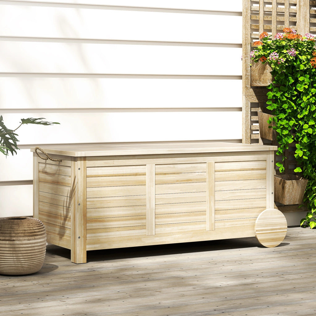 Baule da Esterno 185L a 2 Ruote con Telo Interno e Coperchio, in Legno di Abete, 110x50x50 cm, color Legno