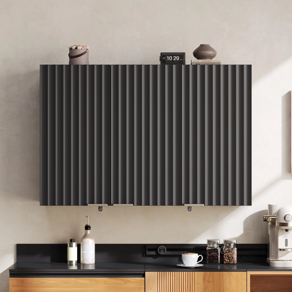 Pensile da parete con 3 ante in MDF nero 90x29x60 cm per cucina, bagno e lavanderia