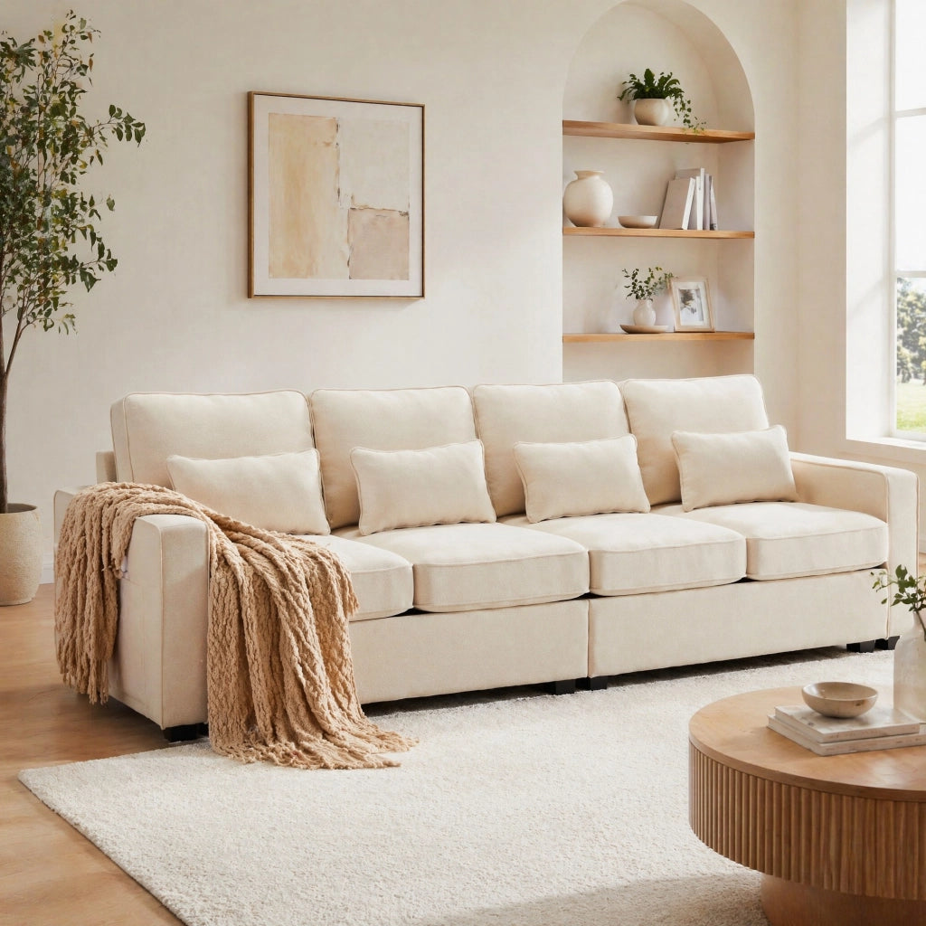 Divano 4 posti in tessuto di lino beige con tasche laterali e 4 cuscini, 264x83x87 cm