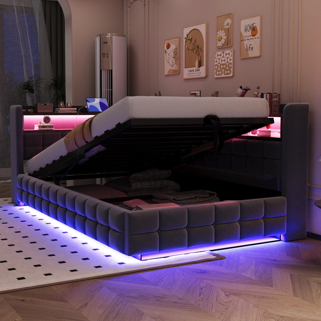 Divano letto imbottito 90x200 cm grigio con LED e ricarica USB