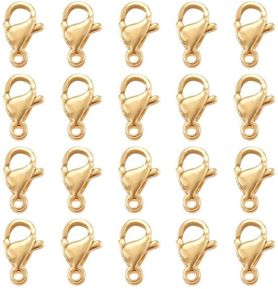 Chiusura a forma di pistola di caccia in acciaio inox 304 - 100 pezzi - dorata 24 carati - con attivatore a forma di pappagallo - chiusura per gioielli - dimensioni 9 x 5 x 2,5 mm