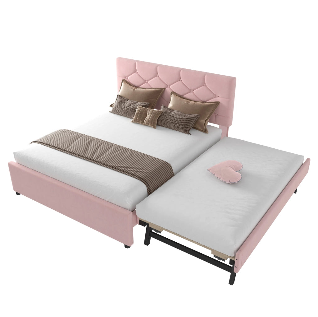 Letto imbottito 140x200 cm con rete a doghe e letto estraibile, rosa, design minimalista