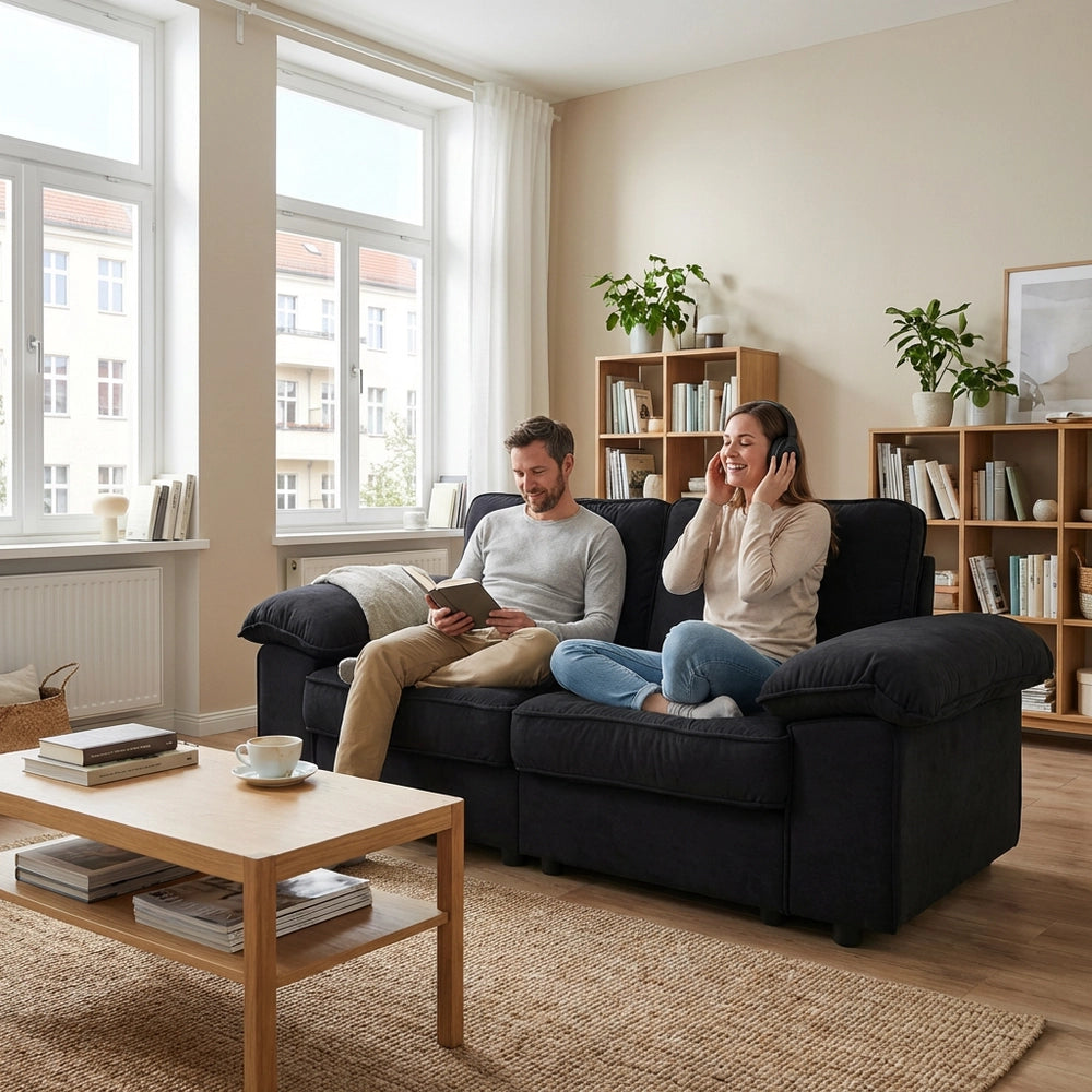Divano 2 posti con contenitore ¨C Minimal ¨C Tessuto, struttura in legno, nero