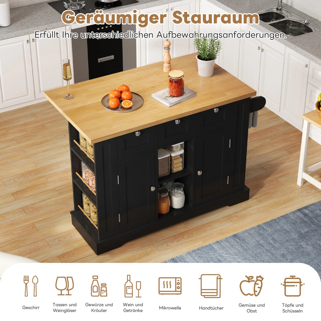 Carrello da cucina con piano ribaltabile e ruote, 3 cassetti, 2 vani con ante, per cucina, in MDF, natural e nero
