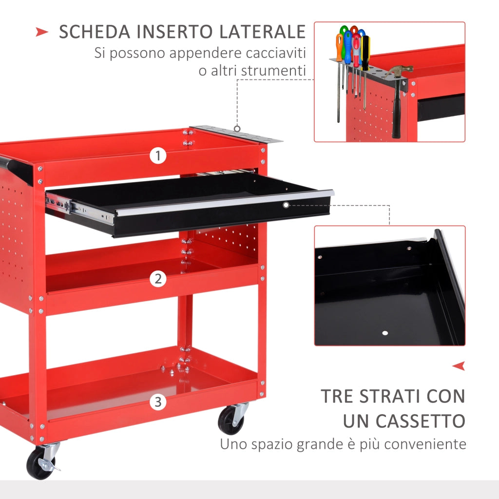 Carrello Porta Attrezzi con Cassetto e Ripiani ¨C Zephmum ¨C Acciaio Rosso 82x35x76 cm
