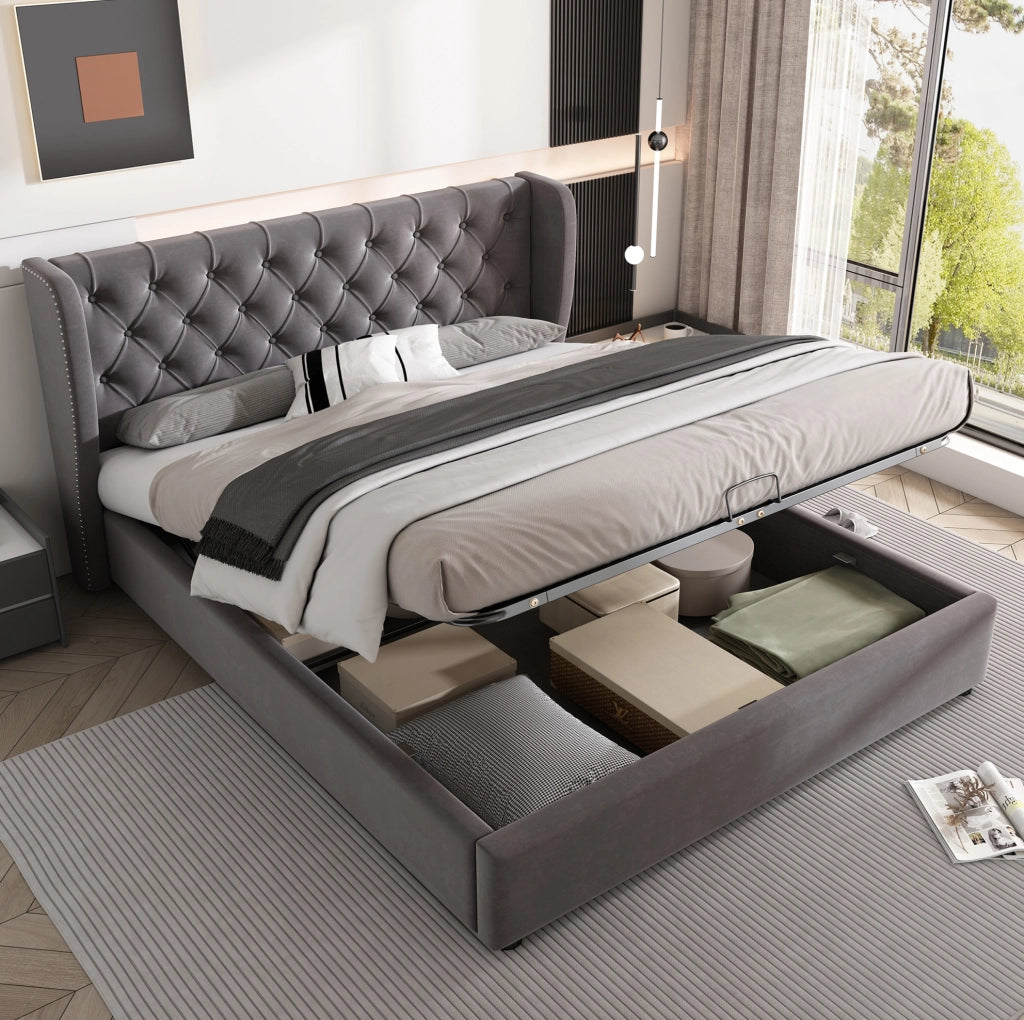 Letto imbottito in velluto grigio con contenitore 197x146x99 cm