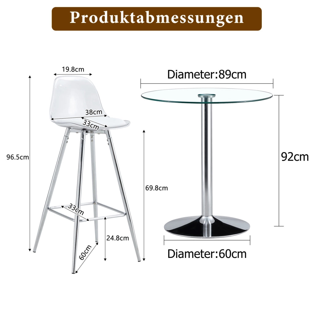 Set bar con tavolo rotondo in vetro Ø89 cm e 2 sgabelli con schienale trasparente