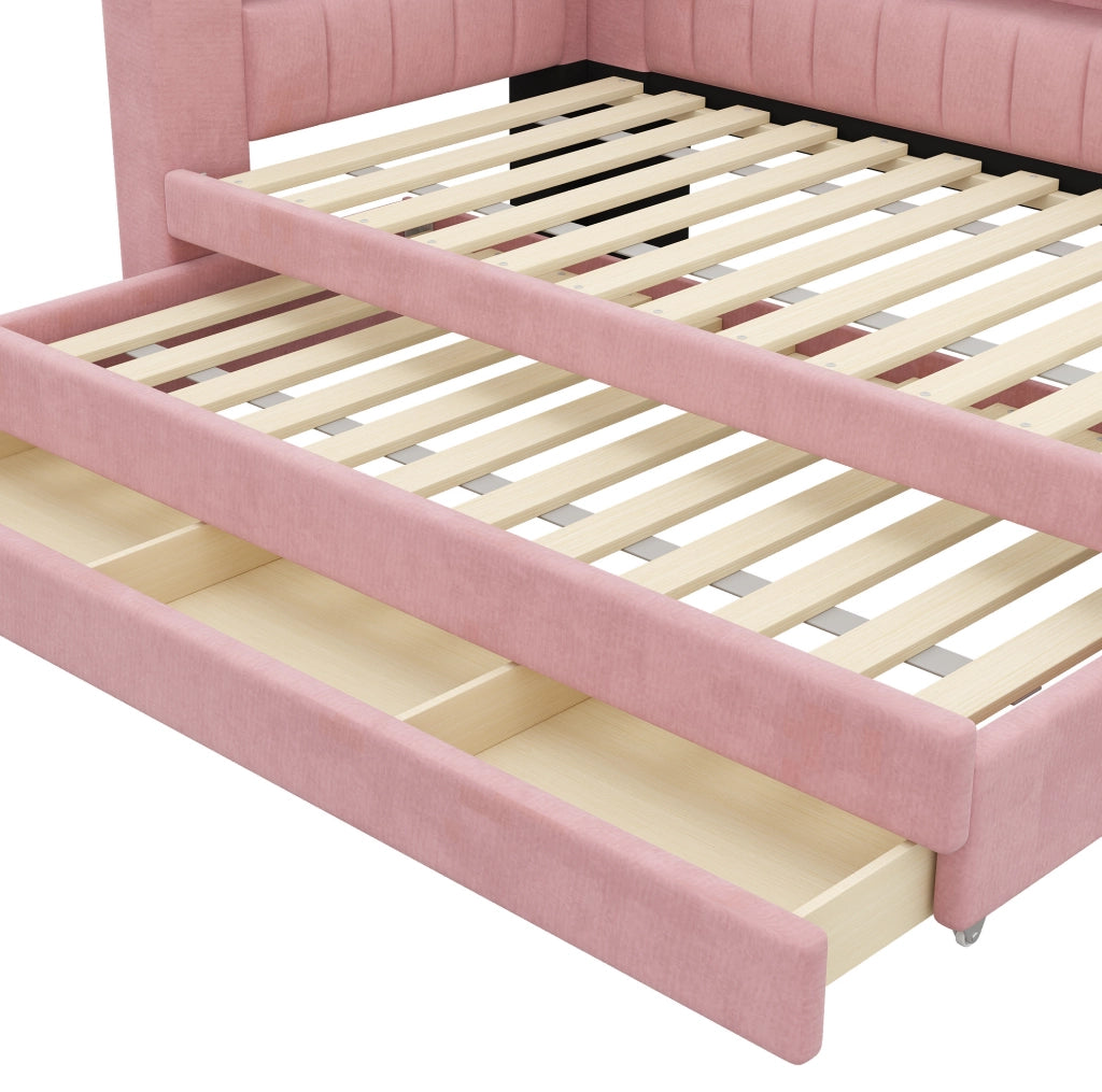 LETTO Imbottito 90x200 cm Rosa con LED, USB, Letto Estraibile e 3 Cassetti