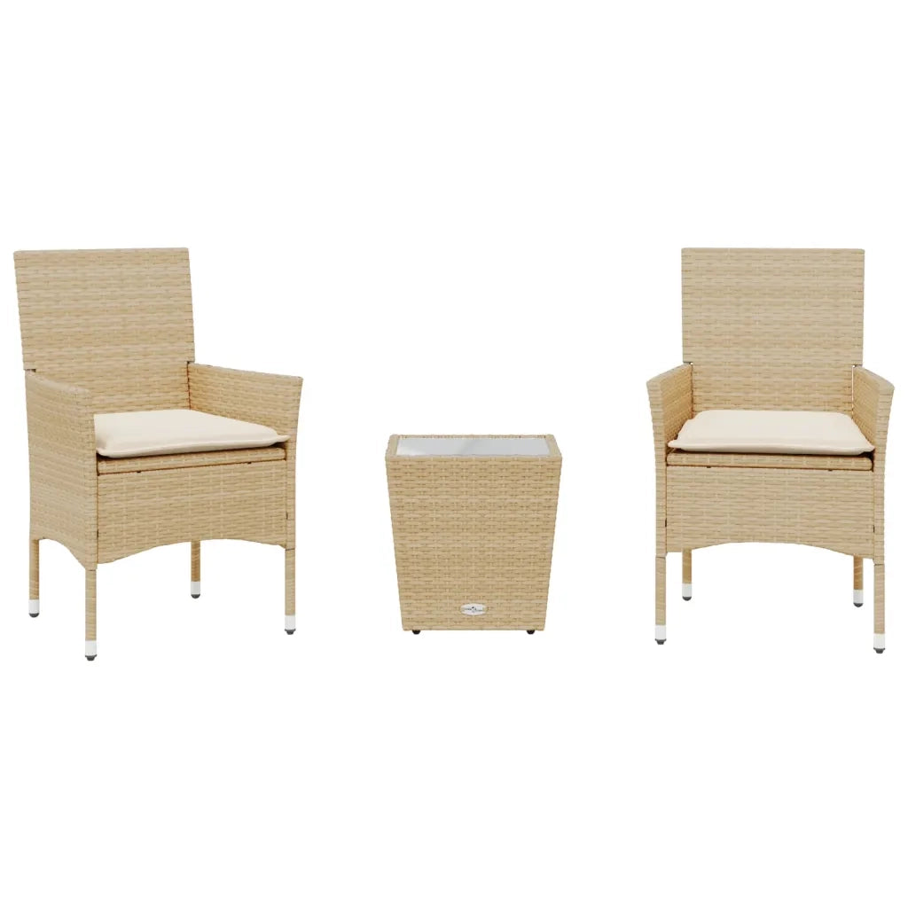 Set da BistrÃ² 3 pz con Cuscini Beige Polyrattan e Vetro