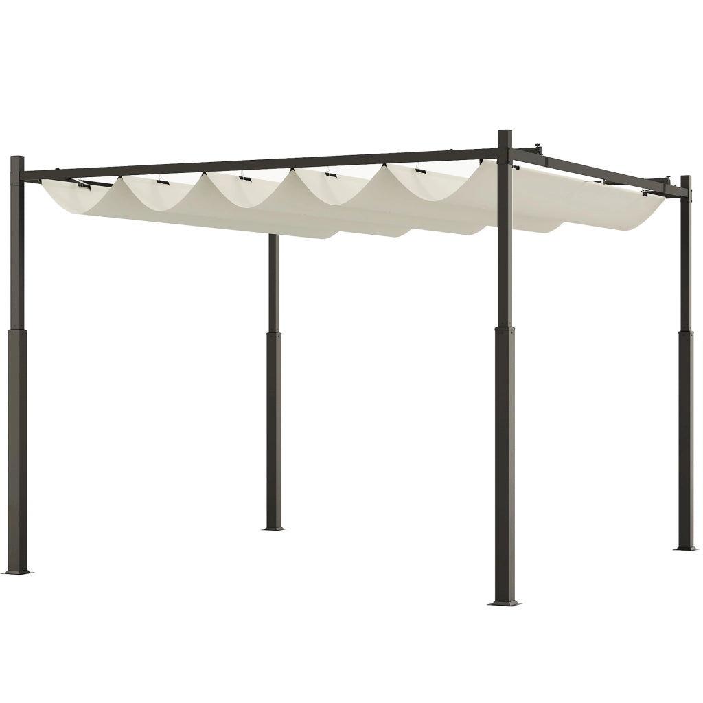 Gazebo Pergola 3x3 m con Tettuccio Retrattile, 8 Viti e 8 Picchetti, in Poliestere 180g e Metallo, Bianco Crema