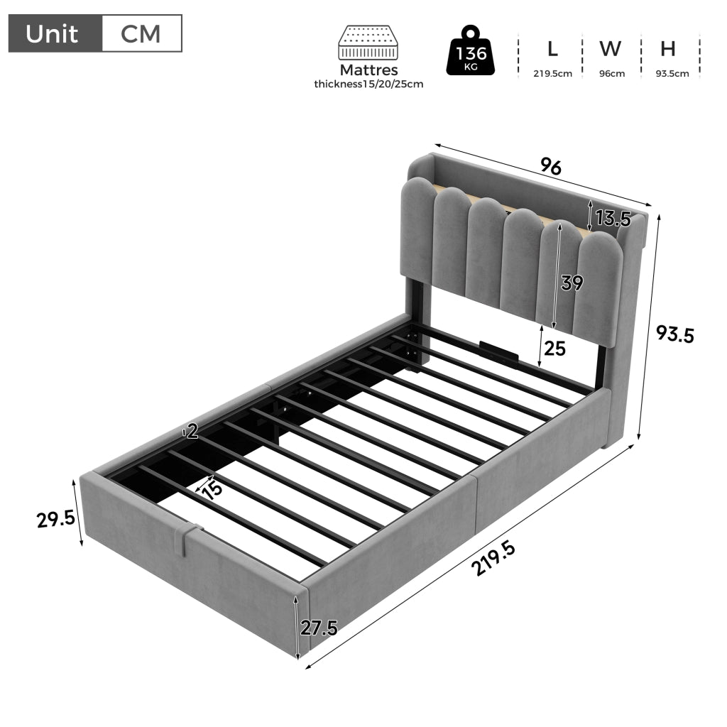 Letto singolo imbottito per bambini 90x200 cm con contenitore, doghe incluse, USB/Type-C e luce, velluto grigio
